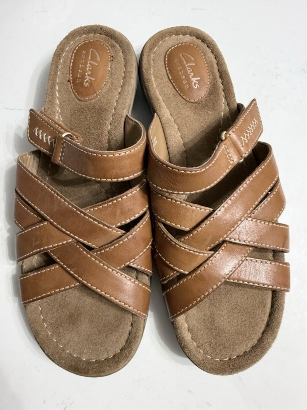Clarks Artisan Leather Slide Sandal Size 9 M Brown Hook and Loop Strap - Picture 4 of 6